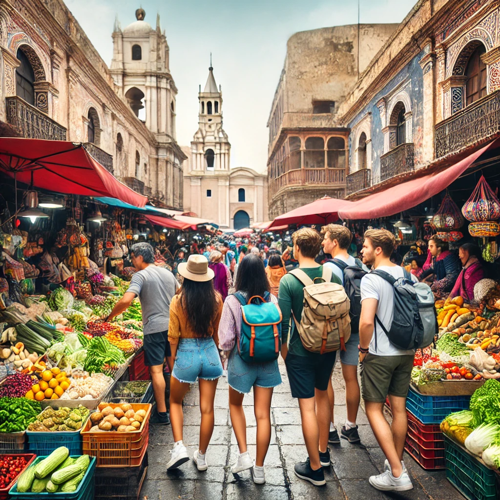 Grupo de turistas explorando el mercado San Camilo