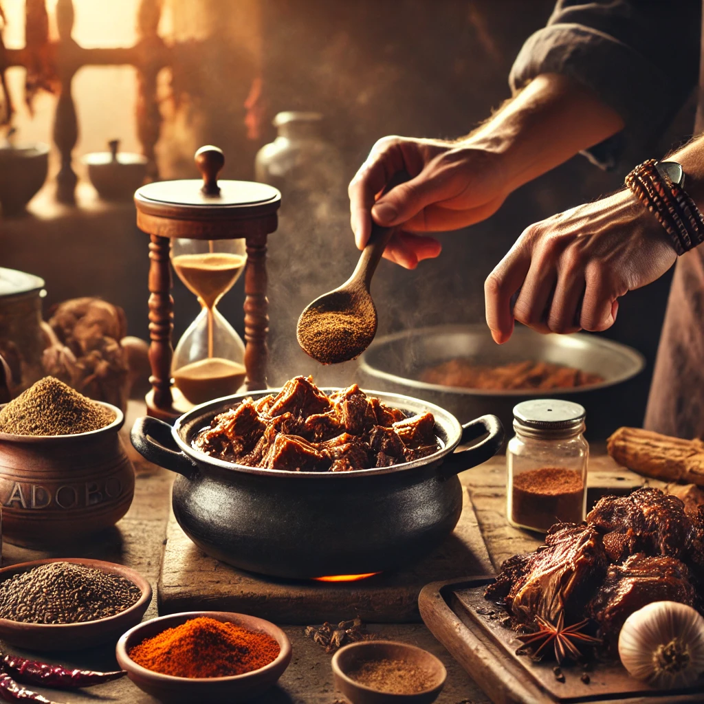 Cocinero preparando adobo en una cocina tradicional